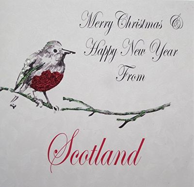 white cotton cards Merry Happy New Year, Handmade Christmas Card (Town Scotland, Robin)