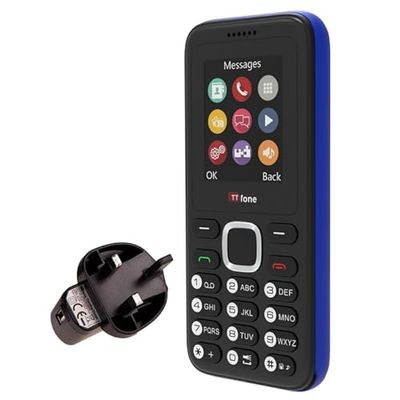 TTfone TT150 Unlocked Basic Mobile Phone UK Sim Free with Bluetooth, Long Battery Life, Dual Sim with camera and games, easy to use, durable and light weight pay as you go (Blue, with Mains Charger)