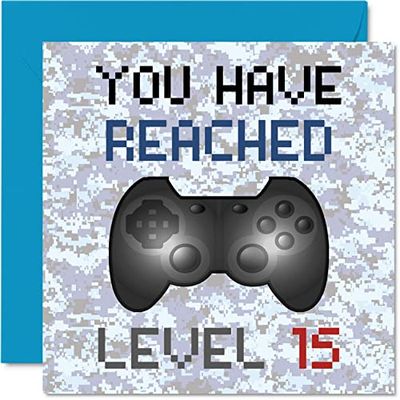 Tarjeta de cumpleaños de 15º jugador, has alcanzado el nivel 15, tarjetas de cumpleaños para niños, tarjetas de felicitación de cumpleaños para adolescentes, juegos de video juegos, hija, hijo, nieto, nieta, 145 mm x 145 mm