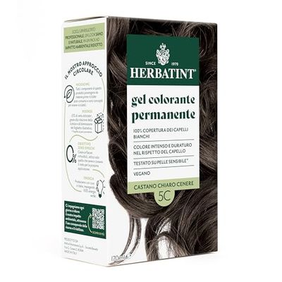 Herbatint Permanent hårfärgningsgel 5C ljusbrunt aska - 170 ml | Ammoniakfri, 100% täckning av vitt hår | för känslig hud, med 8 naturliga ekologiska extrakt