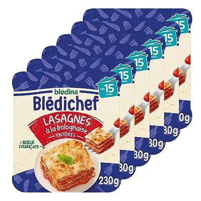 Blédina - Blédichef - Repas bébé 15 mois - 6 plats lasagnes à la Bolognaise - Bœuf français - Faible teneur en sel - Dès 15 Mois - 6 Assiettes de 230g