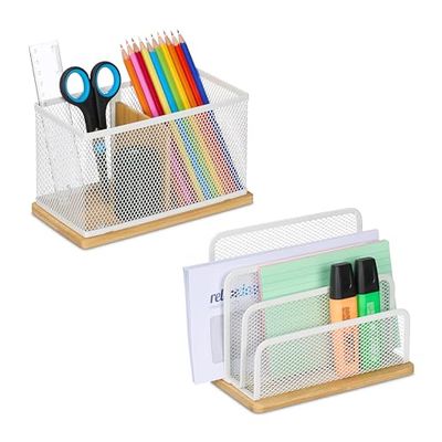 Relaxdays Desk Organiser, Set with 2 Pieces, Letter Stand & Pen Holder, for Office, Metal and Bamboo, White/Natural, 14.5 x 18 x 10 cm