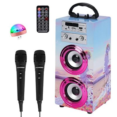 Máquina de Karaoke Portátil DYNASONIC, Altavoz Karaoke con 2 Micrófonos, Altavoz Bluetooth, Luz USB incluida, Lector USB y SD, diseño Exclusivo, Regalo Original (025-17 luz)