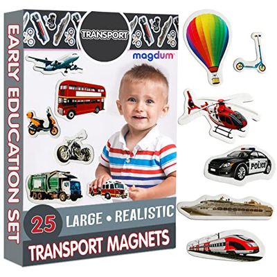 MAGDUM Mezzi di Trasporto Foto Magneti Bambini - 25 GRANDI Calamite Frigorifero - Calamite Bambini- Giochi Bambini 3 anni - Giochi educativi 3 anni - Regalo Bambino 3 anni - Giochi Magnetici