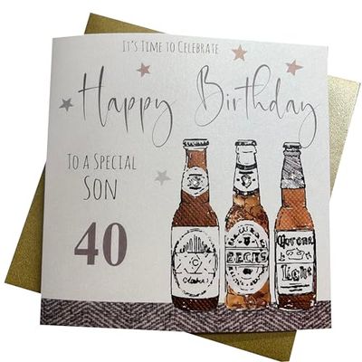 witte katoenen kaarten Speciale Zoon 40 Het is tijd om te vieren Gelukkig, Handgemaakte 40e Verjaardagskaart (Code NBS40, Bier)