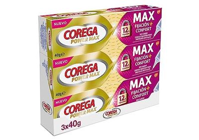 Corega Max Fijación + Confort, Crema Fijadora Para Prótesis Dentales Sin Sabor, Para Fijación y Comodidad, Pack de 3x40 g
