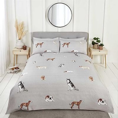 Rapport Home Dog Duvet Cover Set - Pawsome Reversible Microfibre Double Grey Bedding Set