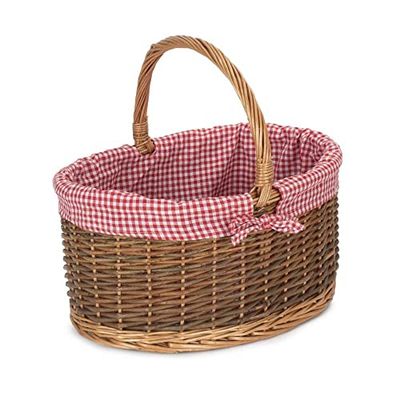Red Hamper C083L Wicker Large Red Checked Lined Country Oval Shopping Basket