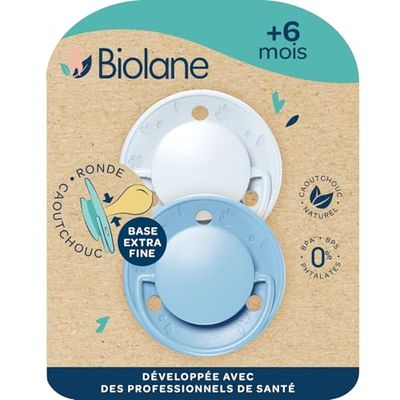 BIOLANE- Chupetes redondos- Chupetes extra finos- 6 meses y más- Azul bicolor- Tetina de goma natural- Respeto al desarrollo bucal- Suave y cómoda- Materiales renovables