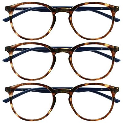 OPULIZE Met - Reading Glasses Blue Light Blocking 3 Pack Slim Round Frame Scratch Resistant Spring Hinges Improve Sleep Computer Gaming Anti-Reflective Brown Tortoiseshelll Mens Womens BBB60-2 +2.50