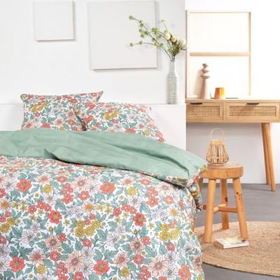 TODAY Sunshine - Parure da letto matrimoniale reversibile in cotone, stampa vegetativa, 240 x 220 cm, colore: blu/giallo