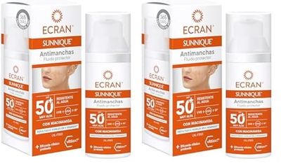 Ecran Sunnique - Fluido Protector Solar SPF 50 Antimanchas con Niacidamina, Protege de Quemaduras, Corrige Imperfecciones, Unifica el Tono de la Piel, Fórmula con VitEox 80-50 ml (Paquete de 2)