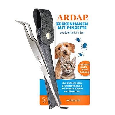 ARDAP Tick Tang en Tick Hook - 2in1 Roestvrij staal Tick Pincet in lederen etui - Gemakkelijk en effectief Tick Removal - Premium Tick Tang voor Honden, Tick Tang Kat & Tick Tang Mens