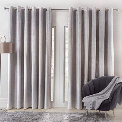 Sienna Capri Matte Velvet Eyelet Curtains Ring Top Pair of Fully Lined Super Soft - Silver Grey, 46" wide x 54" drop