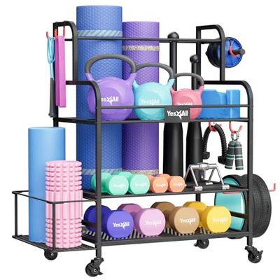 Yes4All Estante para mancuernas, estante de pesas para gimnasio en casa, organizador de equipos deportivos para mancuernas, pesas rusas, esterilla de yoga, rodillo de espuma y bolas, almacenamiento de