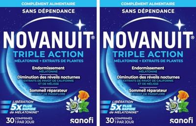 NOVANUIT TRIPLE ACTION – Mélatonine 1mg – Complément Alimentaire – Endormissement – Réveils nocturnes –Sommeil réparateur – 30 comprimés – Réservé à l’adulte – Lot 2