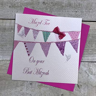 WHITE COTTON CARDS Mazel Tov on Your Bat Mitzvah Bunting Biglietto ebraico Fatto a Mano, Jebd190, Bianco, 16cm x 16cm