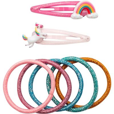 GRUSS & CO Set di accessori per capelli con motivo "unicorno", set regalo con 2 fermagli per capelli con glitter e 5 elastici per capelli, regalo di compleanno per bambini, borsa per la scuola,