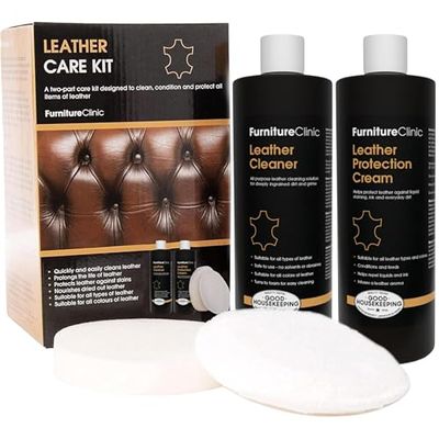 Kit d’Entretien Complet du Cuir Furniture Clinic | Nettoyant Cuir & Crème Protectrice Cuir pour Canapés, Sièges de Voiture | Nettoyant Cuir Ultra 500 ml & Conditionneur Cuir 500 ml, Éponges