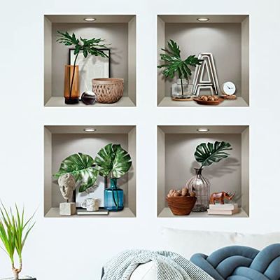 3D-stickers, zelfklevend, 3D-effect, 3D-effect, planten en designobjecten, muursticker, voor slaapkamer, volwassenen, 3D, decoratie voor woonkamer, slaapkamer, 60 x 60 cm