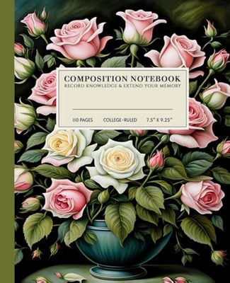 Elegant Pink Roses Still Life Composition Notebook | Romantic College-Ruled Notebook: Intricate Bouquet in Blue Vase Against Dark Background | 110 ... | Perfect for School, Work, or Personal Use