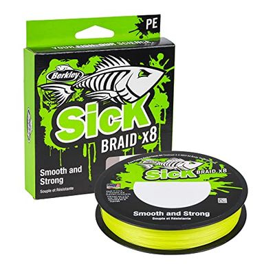 Berkley Sick Flaid – 8 strängar flätad fiskelina, superslät 8 bärare multifilament PE fläta rovdjur fiskelina 150/300 m för sötvatten och saltvatten havsfiske, unisex, Hi-Viz gul