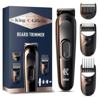King C. Gillette Cordless Beard Trimmer Kit for Men, Electric Razor for Men with Lifetime Sharp Blades, Includes 3 Interchangeable Hair Clipper Combs, Gifts for Men, 2 Pin UK Plug