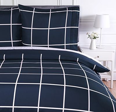 Amazon Basics 2 peças cama de microfibra capa nórdica, capa de edredão de 135 x 200 cm e 1 fronha de 80 x 80 cm, azul-marinho, xadrez