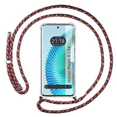 Transparent hängande fodral för Huawei Honor Magic 6 Lite 5G med dragsko rosa/guld