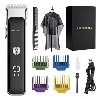 BarberBoss Rasoio professionale per barba e capelli, manopola di controllo di precisione, 2 impostazioni di velocità, ricaricabile via USB, lama in ceramica e titanio, display a LED, QR-2089