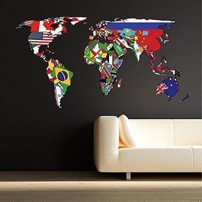 Full Colour World Map Globe Wall Art Sticker Decal Mural Printed Graphic for Office Home Bedroom WSD231 (Medium: 37cm (H) x 70cm (W))
