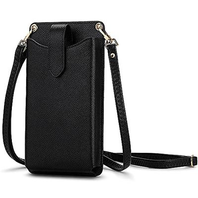 Peacocktion Piccola borsa a tracolla per telefono cellulare da donna, mini borsa a tracolla portafoglio con scomparti per carte di credito RFID, A-nero Litchi, Small