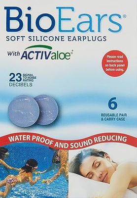 BioEars 41304 Tampões para os ouvidos de silicone macio com ativaloe. Silicone de alta qualidade. Proteção contra água e ruído (6 pares), cor azul
