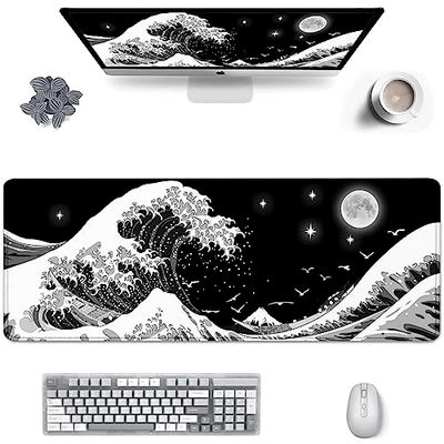Viorichve Gaming Mouse Pad Japanese Black and White Sea Wave Large XXL Mouse Pad Extended Big Desk Mat 31.06" x 11.8" Keyboard Laptop Computer Mousepad for Home Office Gaming Work