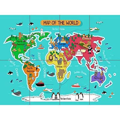 Artery8 World Map With Landmarks And Animals XL Giant Panel Poster (8 Sections)