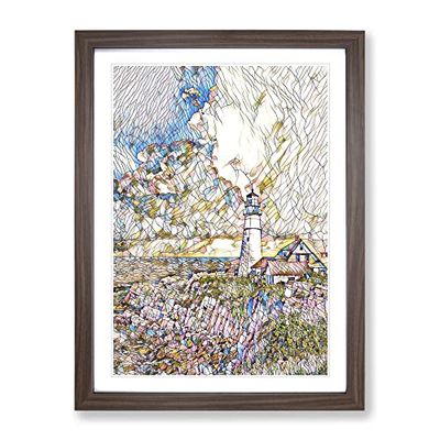 Lighthouse Landscape Modern Bg Framed Wall Art Print, Ready to Hang Picture for Living Room Bedroom Home Office Décor, Walnut A3 (34 x 46 cm)