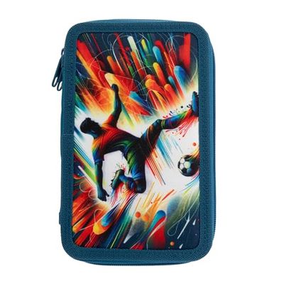 Idena 20181 - Trousse à Crayons Triple avec 3 Compartiments zippés, Design Football, Trousse à Crayons remplie avec 47 pièces