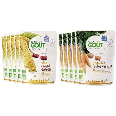 Good Goût - BIO - Maïs canard fermier dès 6 mois 190 g - Lot de 5 & BIO - Carottes Poulet dès 6 mois 190 g - Lot de 5