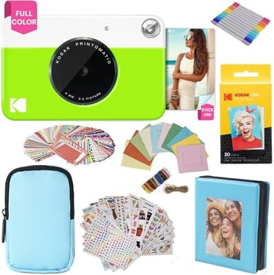 KODAK Printomatic fotocamera a stampa istantanea + custodia morbida + carta fotografica Zink 2x3" 20pz + album + adesivo + cornici per adesivi + cornici sospese + pennarelli - Verde