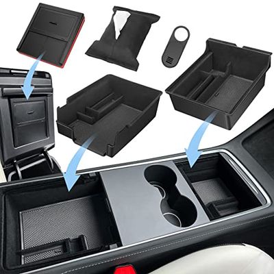 XINTUO 5 bandejas organizadoras de consola central actualizadas 2023 compatibles con Tesla Model 3 Model Y accesorios 2023 2022 2021, caja de almacenamiento de cajón oculto, 1 funda para cámara web, 1