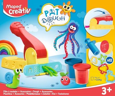 Set de Manualidades para Niños - Pat Dough 4 Botes + 12 Accesorios - A Partir de 3 Años - Textura Suave y No Pegajosa - Incluye 1 Prensa de Mano, 6 Moldes, 1 Cuchillo y 2 Extrusoras