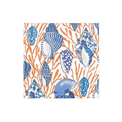 Caspari Shell Toile Paper Cocktail Napkins in Coral & Blue - 20 Per Box