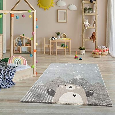 Jimri Alfombra para habitación Infantil, Alfombra para habitación Infantil, Alfombra Infantil con montañas, Oso, Panda, Estrellas, Color Turquesa y Beis, tamaño: 120 x 170 cm
