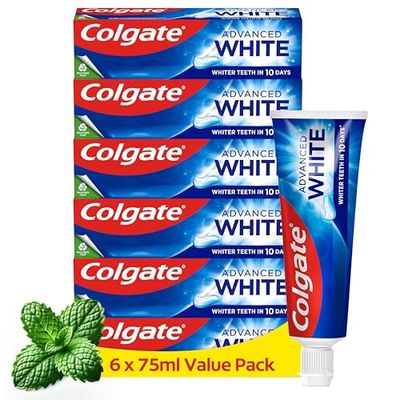 Colgate Advanced White Toothpaste, 6 x 75 ml - Whiter teeth in 10 Days - Clinically proven whitening - Teeth whitening toothpaste with micro-cleansing crystals - Mint toothpaste
