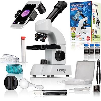 Bresser Microscópio júnior com aumento de 40 x 640 aumentos, zoom ocular e amplo pacote de iniciação início na microscópia, branco