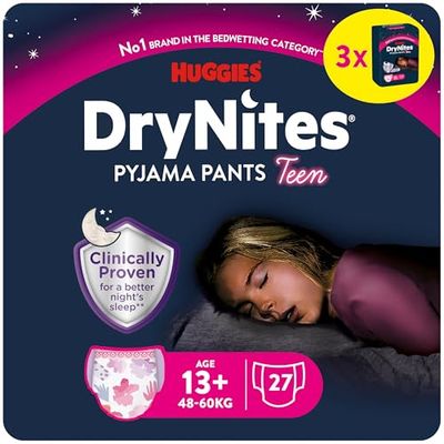 Huggies DryNites pieluchy nocne na moczenie nocne, dla dziewczynek w wieku od 13 do ok. 17 lat (48-60 kg), 27 sztuk (3 x 9), opakowanie miesięczne, pieluchy