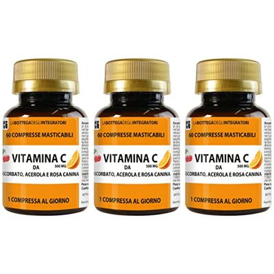 Vitamina C da Ascorbato Di Sodio Acerola e Rosa Canina 180 Compresse Masticabili 1 al dì | Senza Glutine e Lattosio | Meno Acida | Assorbimento più rapido | non di origine animale | 500 mg