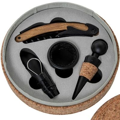 DRW Set de 4 ustensiles de vin dans Une boîte en liège Beige et Noir 15 x 15 x 4,5 cm