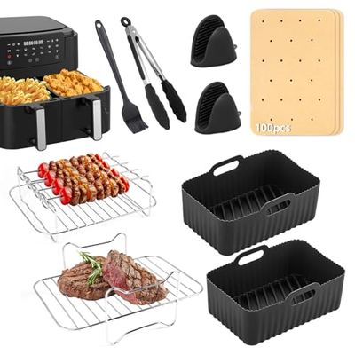 Teglia per Friggitrice ad Aria Riutilizzabili Teglie per Friggitrice ad Aria Accessori Friggitrice ad Aria Contenitori Silicone Doppio Cestello Accessori per Air Fryer, Forno, Microonde, Senza BPA