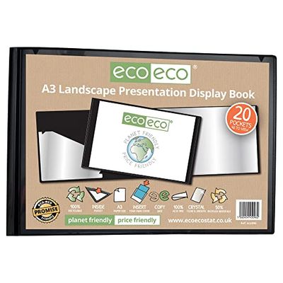 eco-eco A3 50% gerecycleerd 20 Pocket Zwart Landschap Presentatie Display Book, Opbergtas Portfolio Art Folder met Plastic Hulzen, eco096